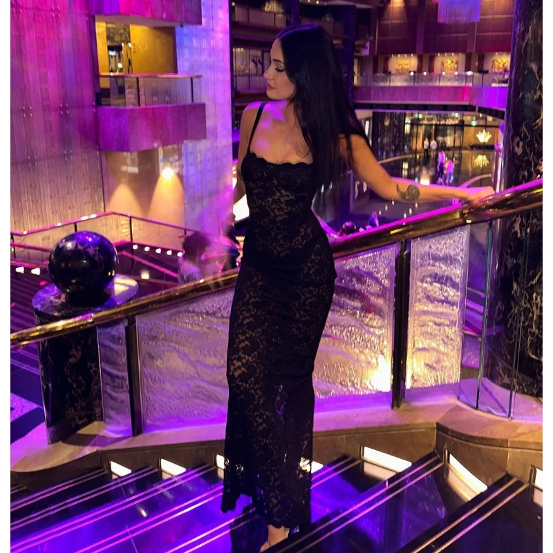 Ootddress Lace Black Dress Female Slim Hollow Out Spaghetti Backless Dress Elegant Party Evening Gown Split Women Maxi Dress Summer