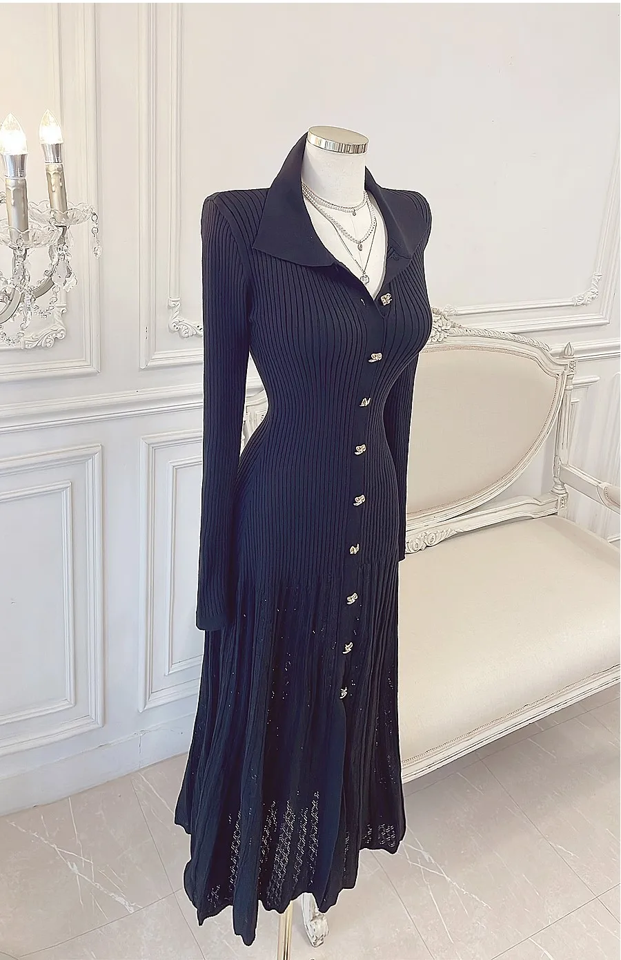 Retro Elegant Knitted Dress Women Long Sleeve Slim Single Breasted Bodycon Dresses Ladies Lapel Hollow Out Long Robe Vestidos 10 Retro Elegant Knitted Dress Women Long Sleeve Slim Single Breasted Bodycon Dresses Ladies Lapel Hollow Out Long Robe Vestidos