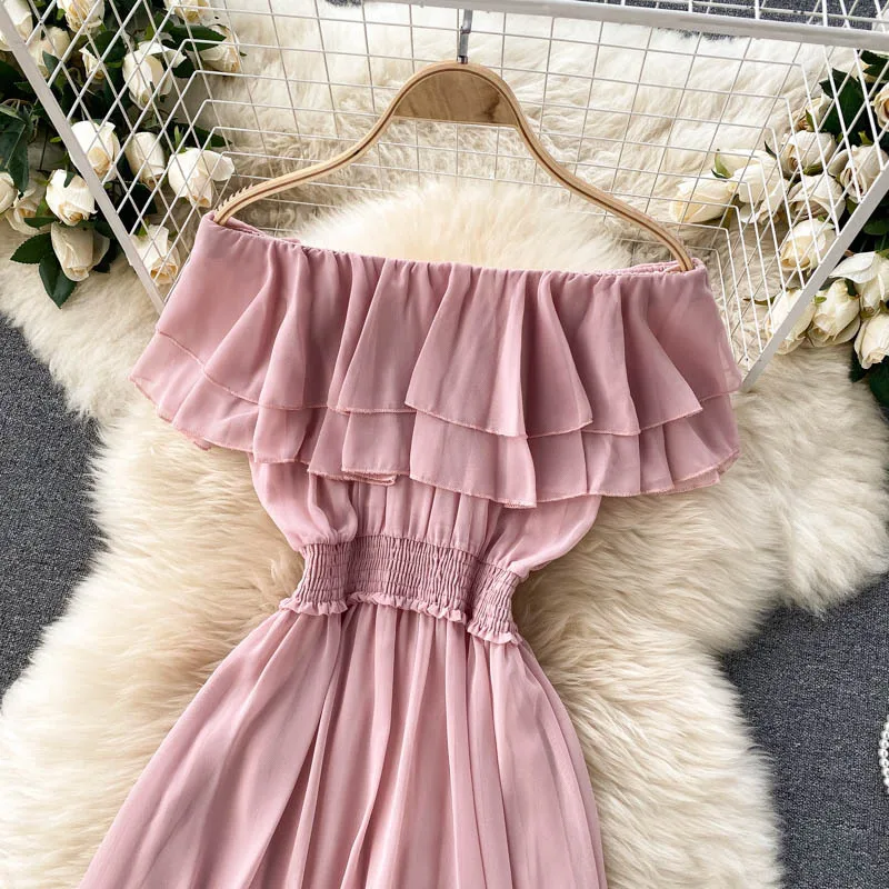 Women Chiffon Beach Dress Sexy Double Layer Ruffled Off The Shoulder Boho Dresses Ladies Sweet Slash Neck Long Dress 23 Women Chiffon Beach Dress Sexy Double Layer Ruffled Off The Shoulder Boho Dresses Ladies Sweet Slash Neck Long Dress