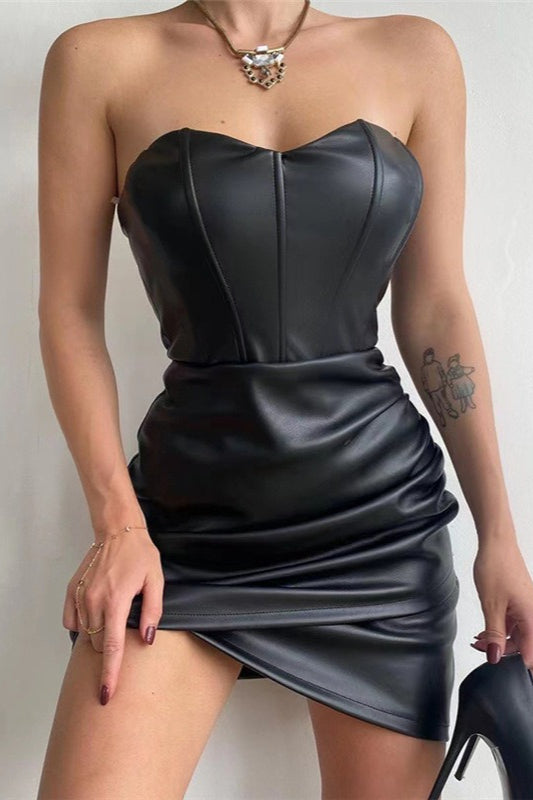 Strapless Pu Bodycon Mini Dress