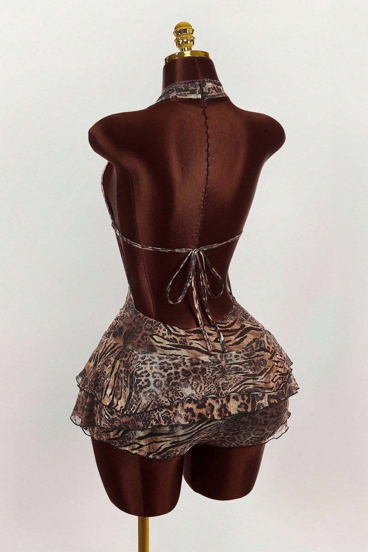 Halter Neck Deep V-Neck Keyhole Cutout Tiered Ruffle Print Mini Dress