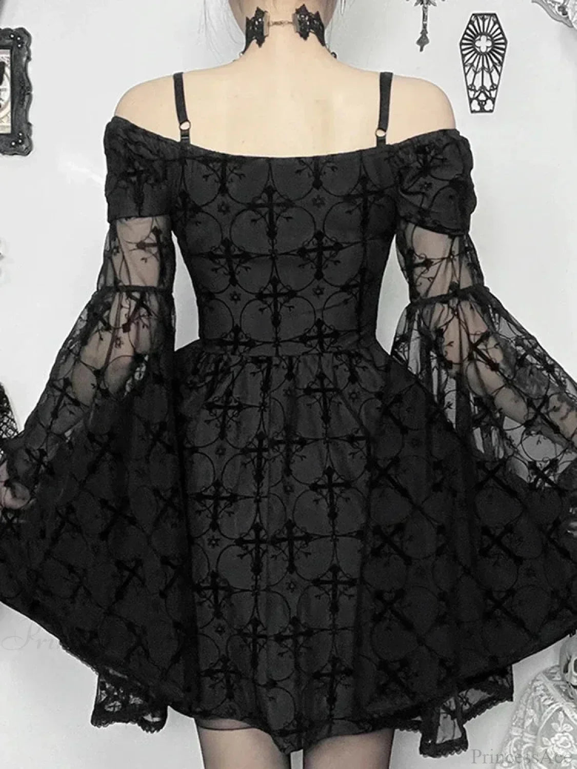 Gothic Cross Print Off-Shoulder Lace-Up Corset Bell Sleeve A-Line Mini Dress