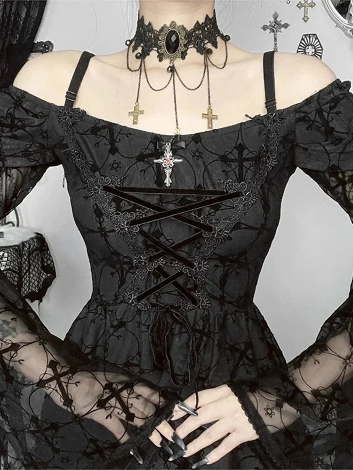 Gothic Cross Print Off-Shoulder Lace-Up Corset Bell Sleeve A-Line Mini Dress