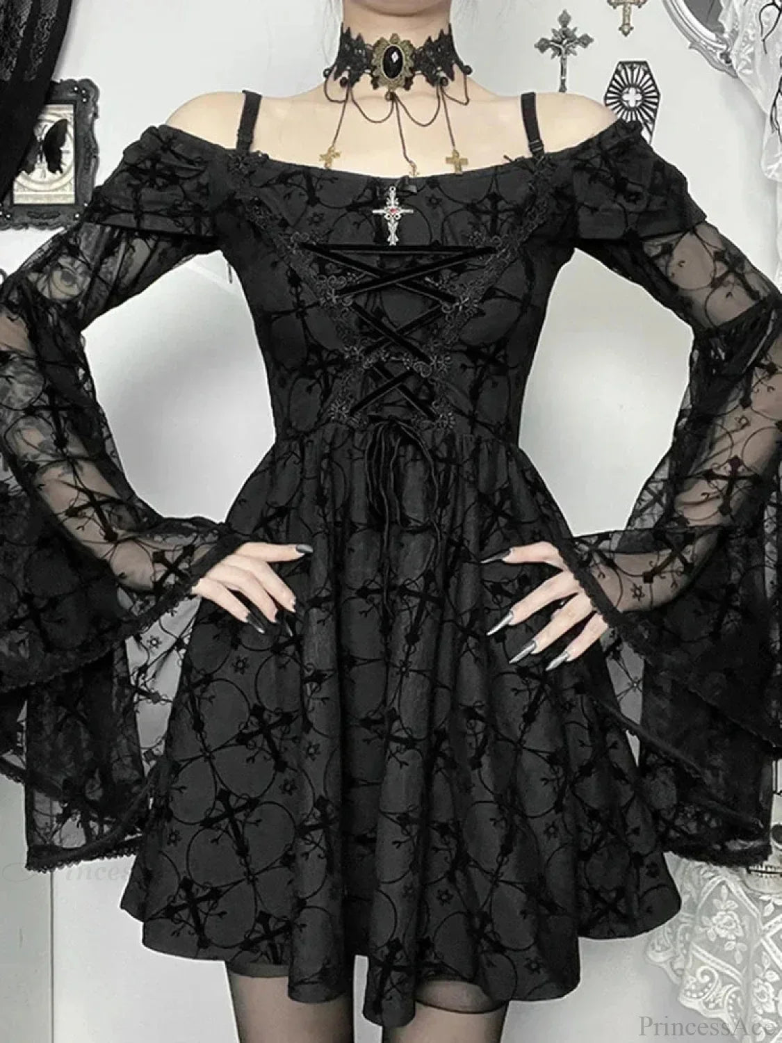 Gothic Cross Print Off-Shoulder Lace-Up Corset Bell Sleeve A-Line Mini Dress
