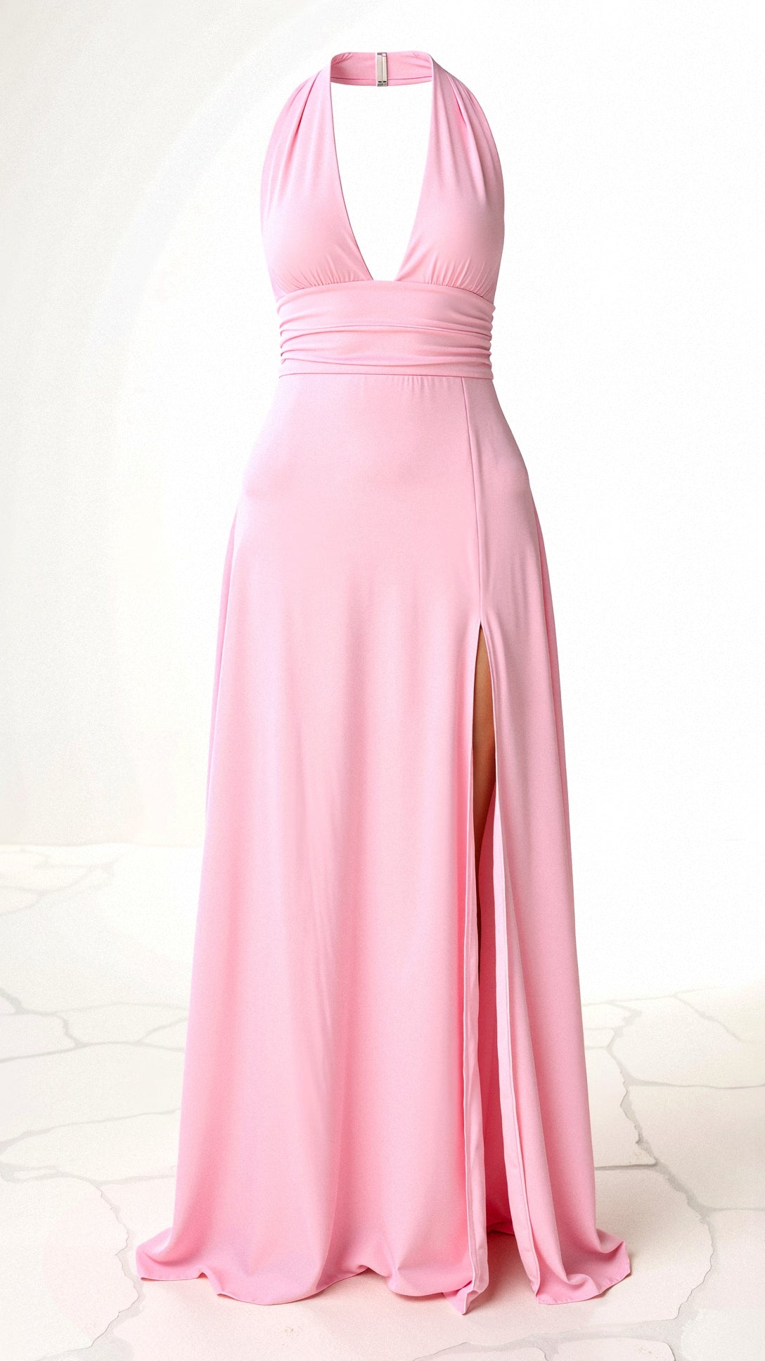 Halter Plunge V-Neck Ruched Waist High Slit Flowy Maxi Dress