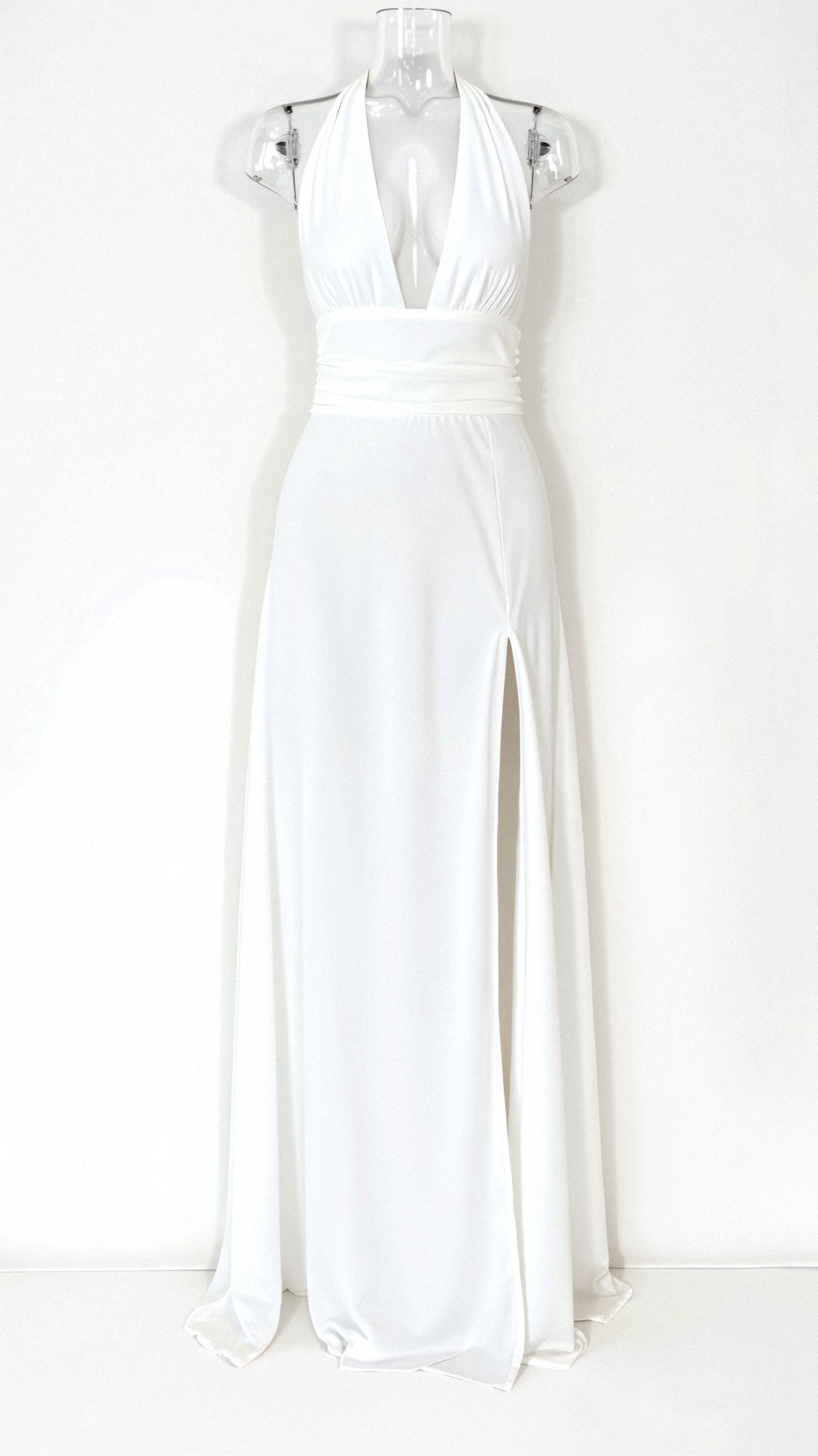 Halter Plunge V-Neck Ruched Waist High Slit Flowy Maxi Dress