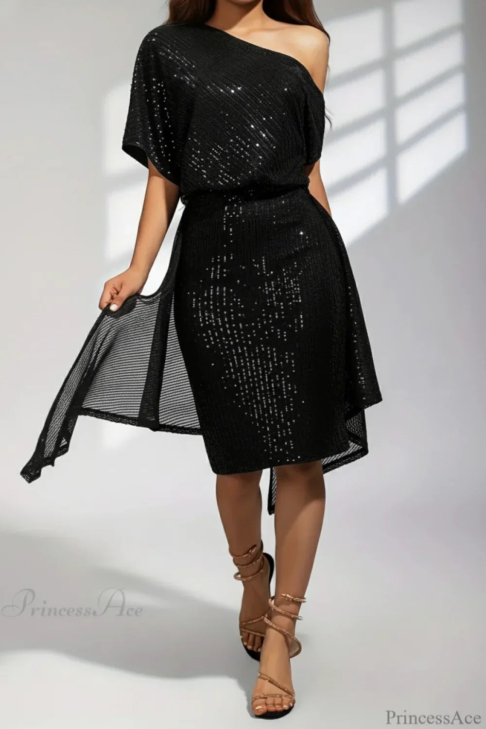 One-Shoulder Knot Waist Sequin Ruched Mini Dress