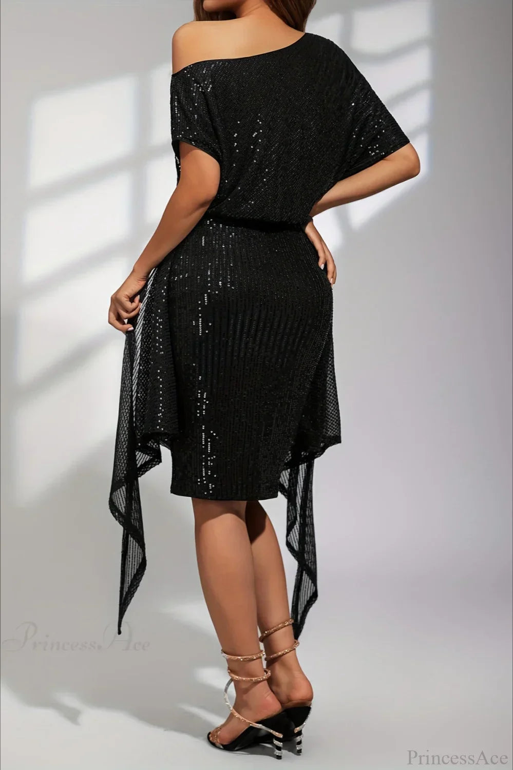 One-Shoulder Knot Waist Sequin Ruched Mini Dress