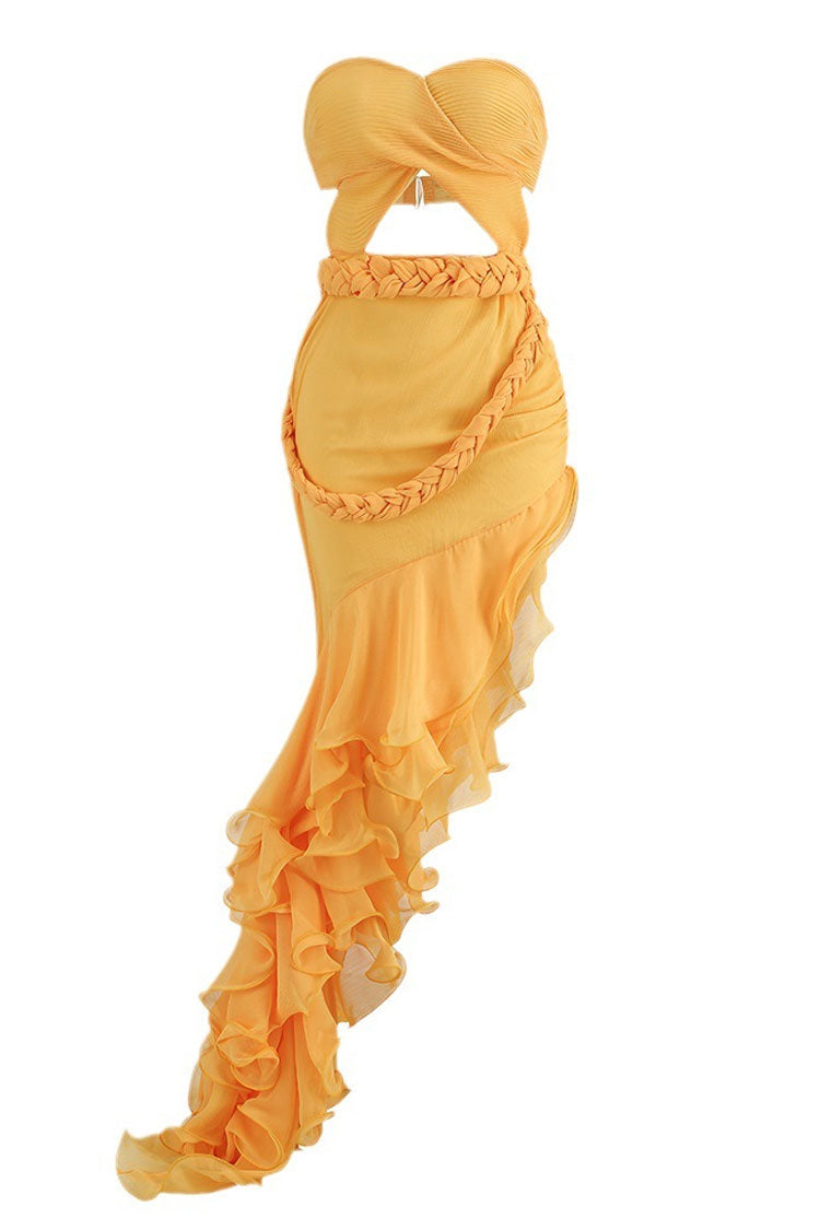 Asymmetrical Braided Waist Strapless Cutout Tiered Ruffle Maxi Gown