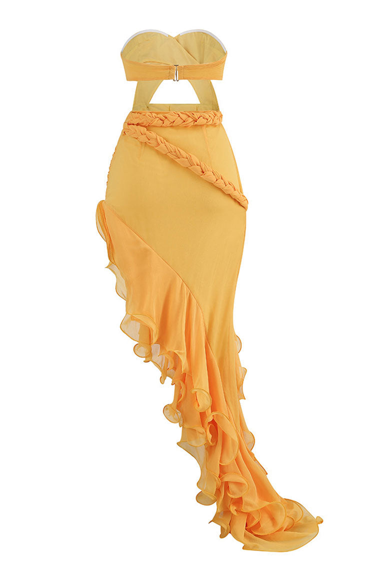Asymmetrical Braided Waist Strapless Cutout Tiered Ruffle Maxi Gown