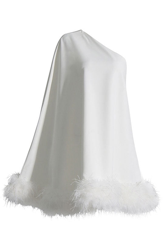 One-Shoulder Feather Trim Asymmetrical Drape Satin A-Line Mini Dress