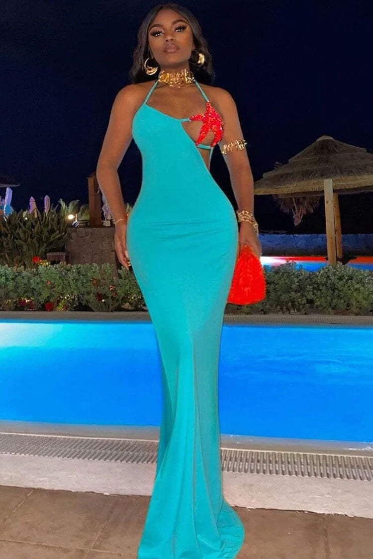 Starfish Appliqué Halter Cutout Scrunch Back High-Slit Maxi Dress