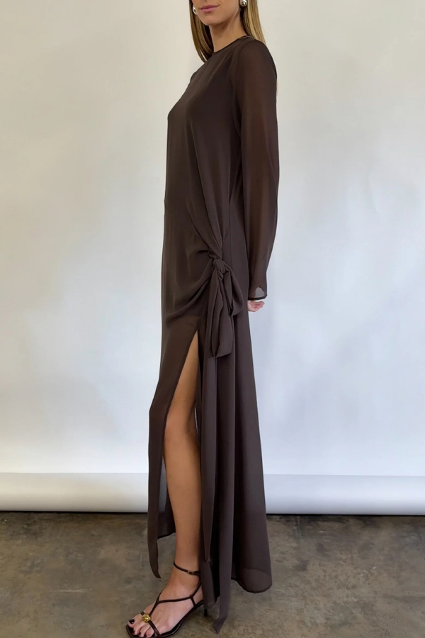 Fashionable Mesh See-through Round Neck Long Sleeve Tie Bow Slit Maxi Dress