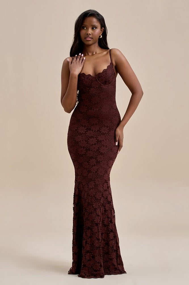 Spaghetti Strap Sweetheart Lace Bustier Mermaid Maxi Dress