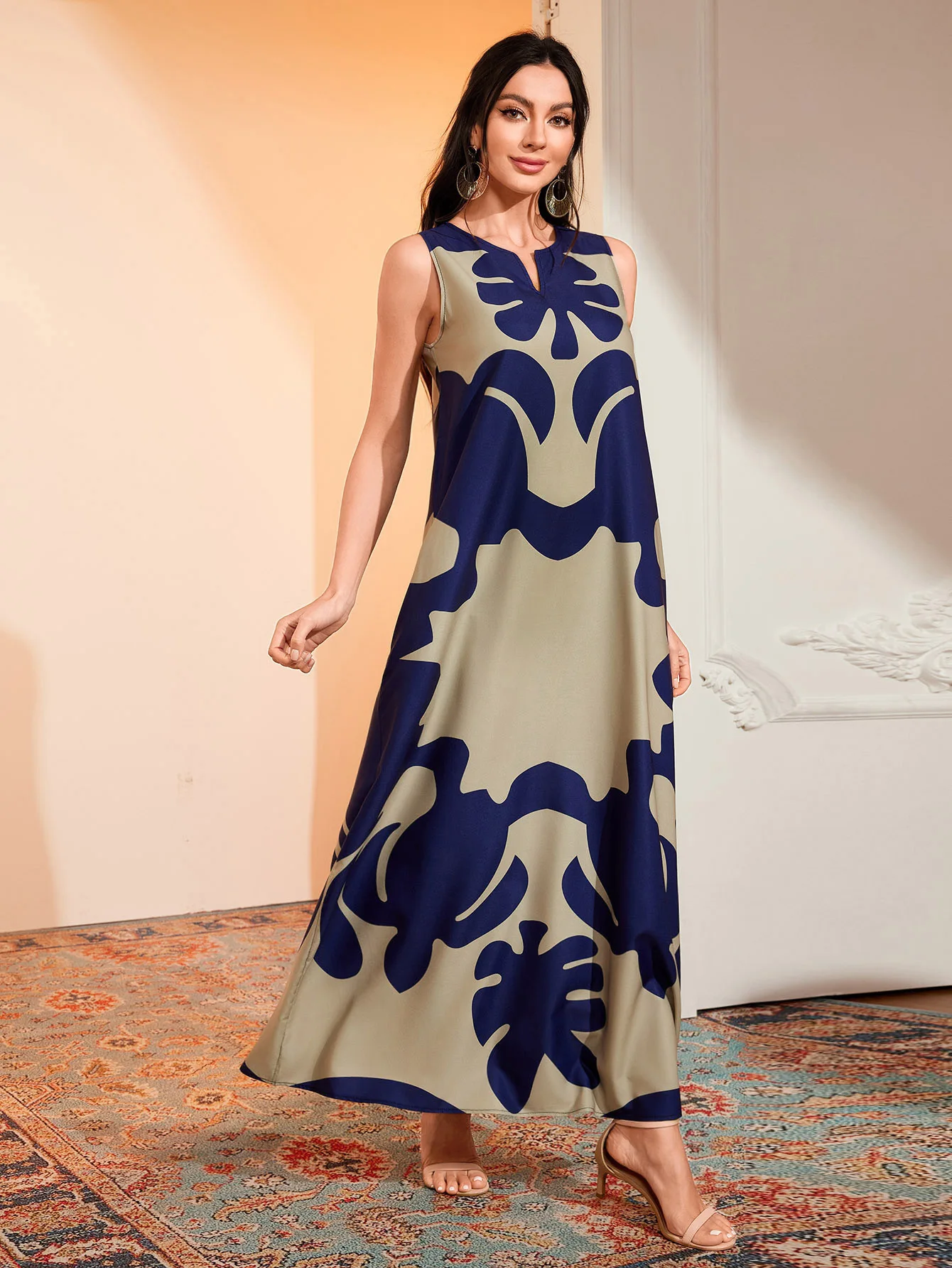 Vintage Simple Print Long Dresses Women Fashion Casual Loose V-neck Bohemian Style Sleeveless Dress Female Summer New Vestidos 6 0301-14507