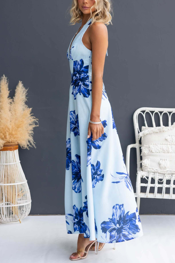 Floral Print V-neck Backless Tie-up Fitted Waist Elegant Maxi Dress