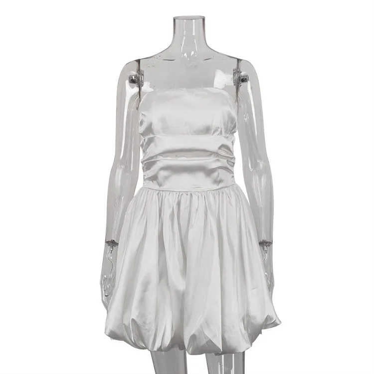 Ootddress Satin Strapless Pleated Mini Dress For Women Robe Off-shoulder Backless Sleeveless A-line Bodycon Sexy Dress Elegant