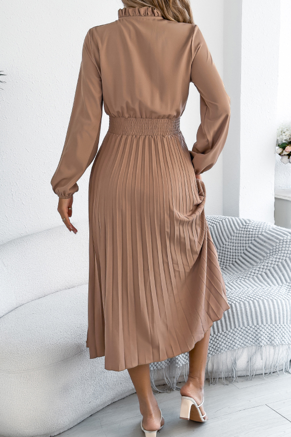 Solid Color Long-sleeved Fitted Waist Pleated Elegant Midi Dress