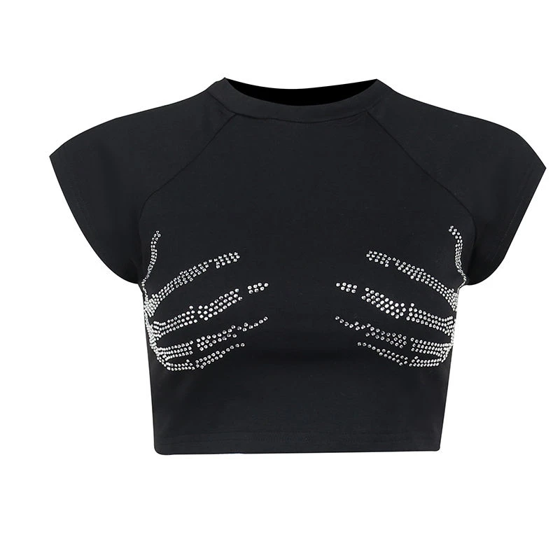 Skull Hand Rhinestones Aesthetic Women Y2k Clothes Vintage Tops Black Fairy Grunge Graphic T Shirts Slim Short Sleeve Crop Top
