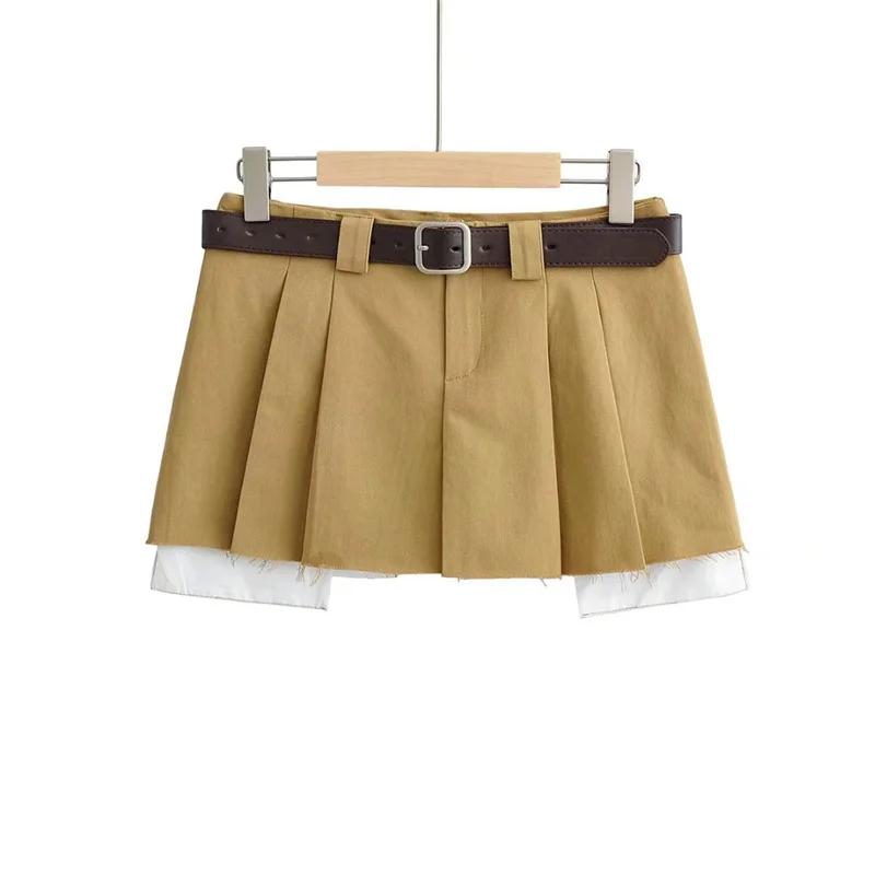 Ootddress Y2K Skirts Women Cotton Low Waist Pleated Mini Skirts 2025 Summer Harajuku Streetwear Pocket With Belts Micro Skirt