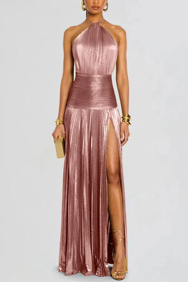 Glamorous Metallic Pleated Fabric Open Back Halter Slit Maxi Dress