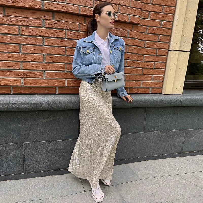 Ootddress Sequins Loose Dress Sets Women Long Sleeve Crop Tops High Waist Sexy Maxi Skirts Ladies Two Piece Suits Womens Outifits