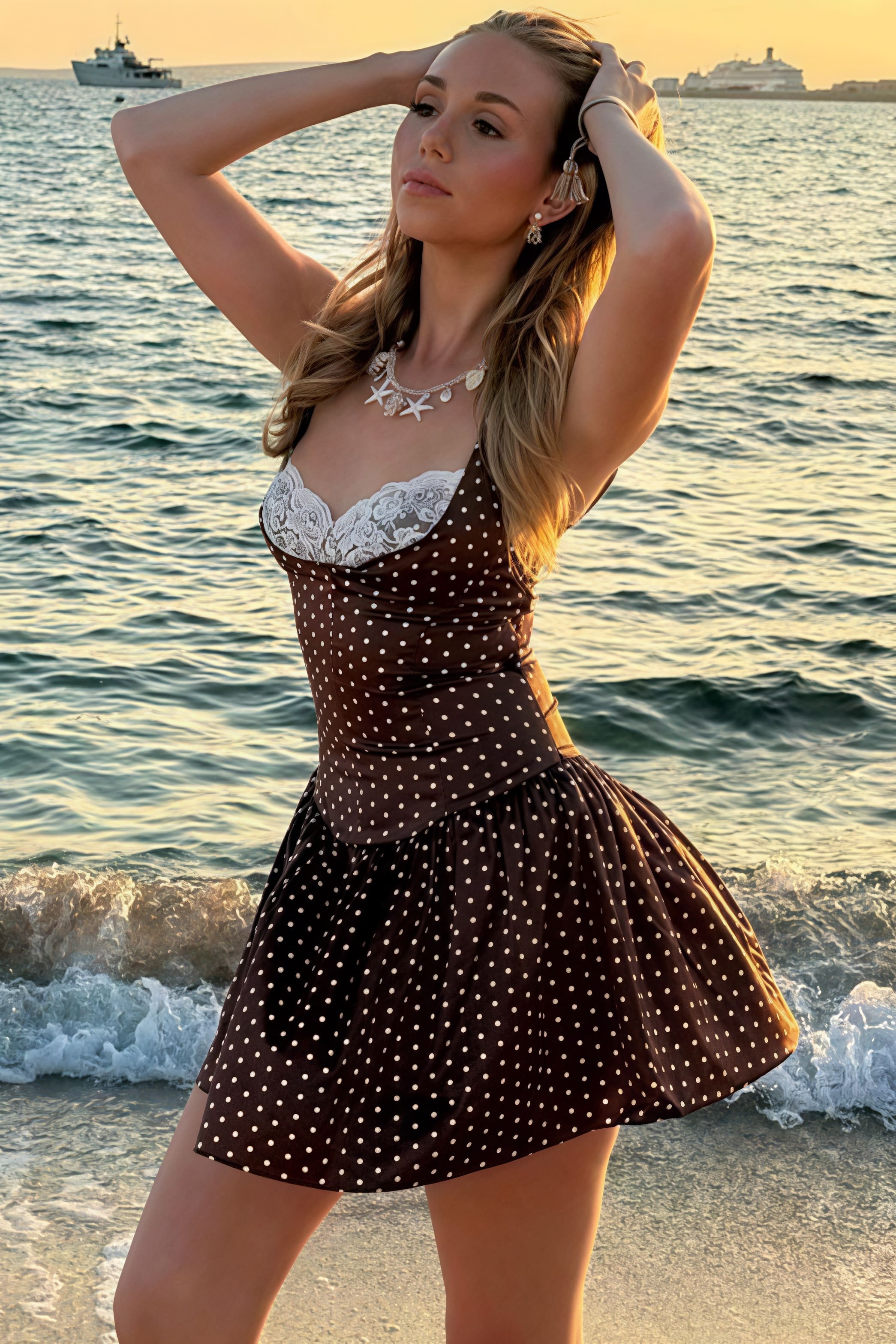 Polka Dot Lace Trim Bustier Square Neck Drop Waist Mini Dress