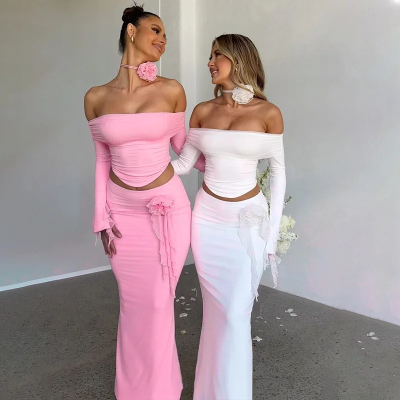 Ootddress Winter New Sexy Long Sleeved Half Skirt Set For Woman 3D Flower Slim Tight Long Skirt Party Evening Dress Two Piece Set 15 Ootddress Winter New Sexy Long Sleeved Half Skirt Set For Woman 3D Flower Slim Tight Long Skirt Party Evening Dress Two Piece Set