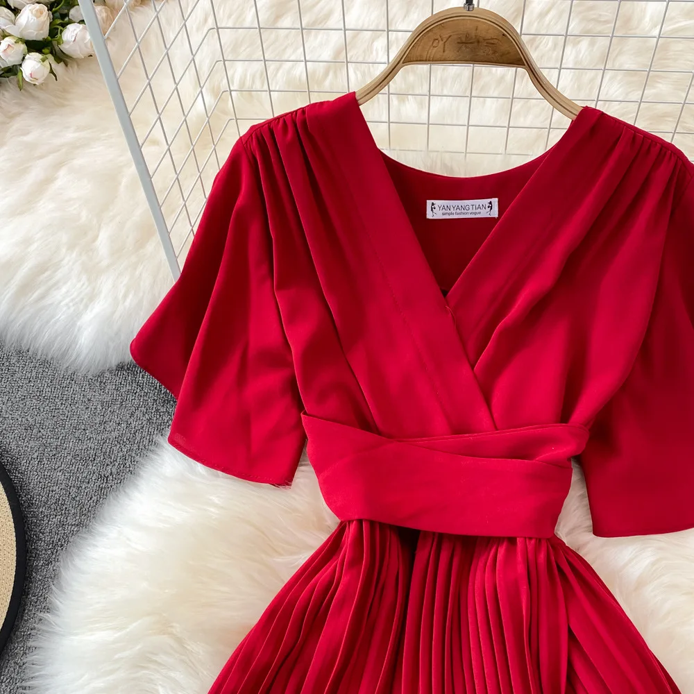 Women Elegant Pleated Dress Summer Short Sleeve V-neck Vintage Dresses Ladies A Line High Waisted Midi Dress