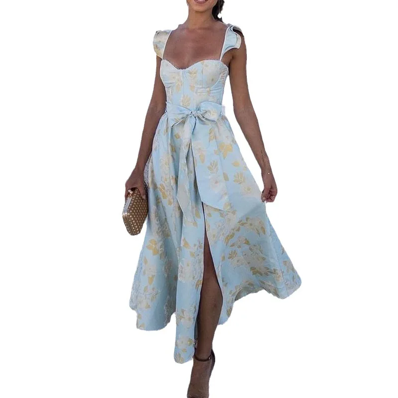 Flowers Print Sleeveless Long Dresses Women Sexy Low Cut Backless Bowknot Leace-up Slit Dress Temperament Lady Vestidos 2025 New