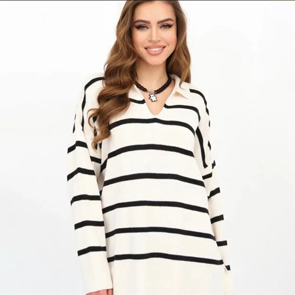 Ootddress V-Neck Knit Casual Pullover For Women Striped Slim Long Sleeve Contrast Loose Sweater High Street Knitwear Pullover Top