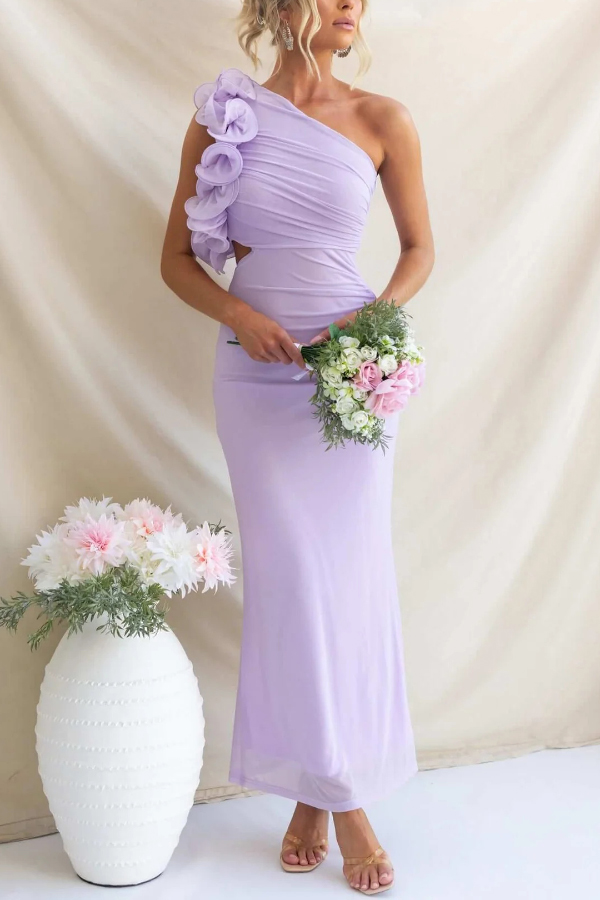 Fashionable Mesh Sleeveless One-shoulder Waist-revealing Maxi Dress