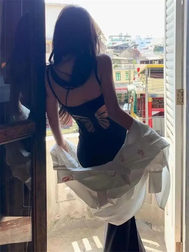 Sexy Hollow Butterfly Backless Dresses Women Y2K Summer Elegant Outfits Lady Red Maxi Dress Bodycon Birthday Party Club Sundress
