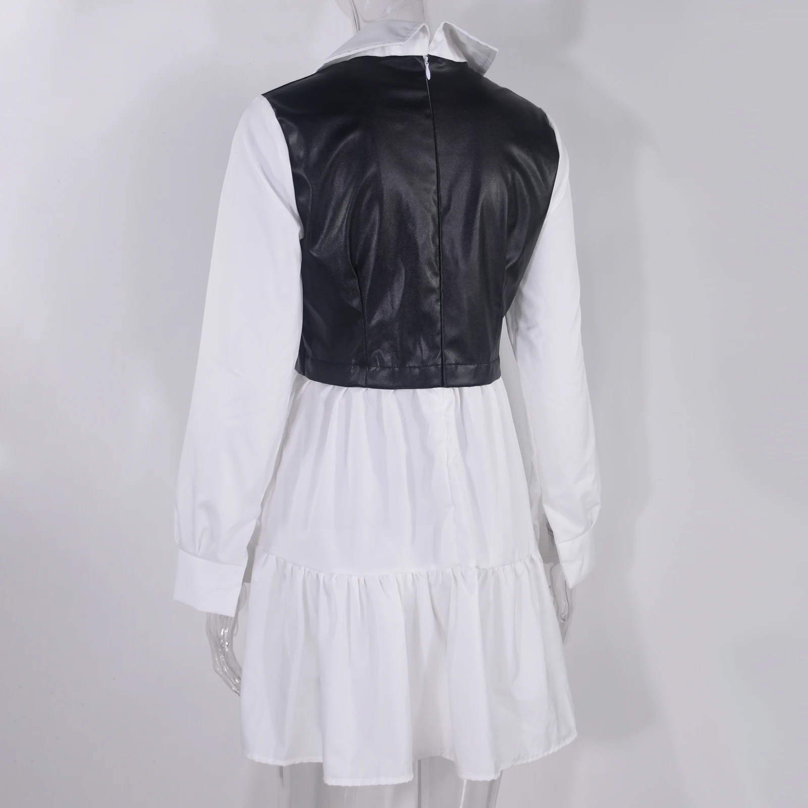 Plaid Shirt Casual Vestidos Long Sleeve White Short Dress For Women Summer PU Leather Patchwork Sweet Office Ladies Mini Dresses
