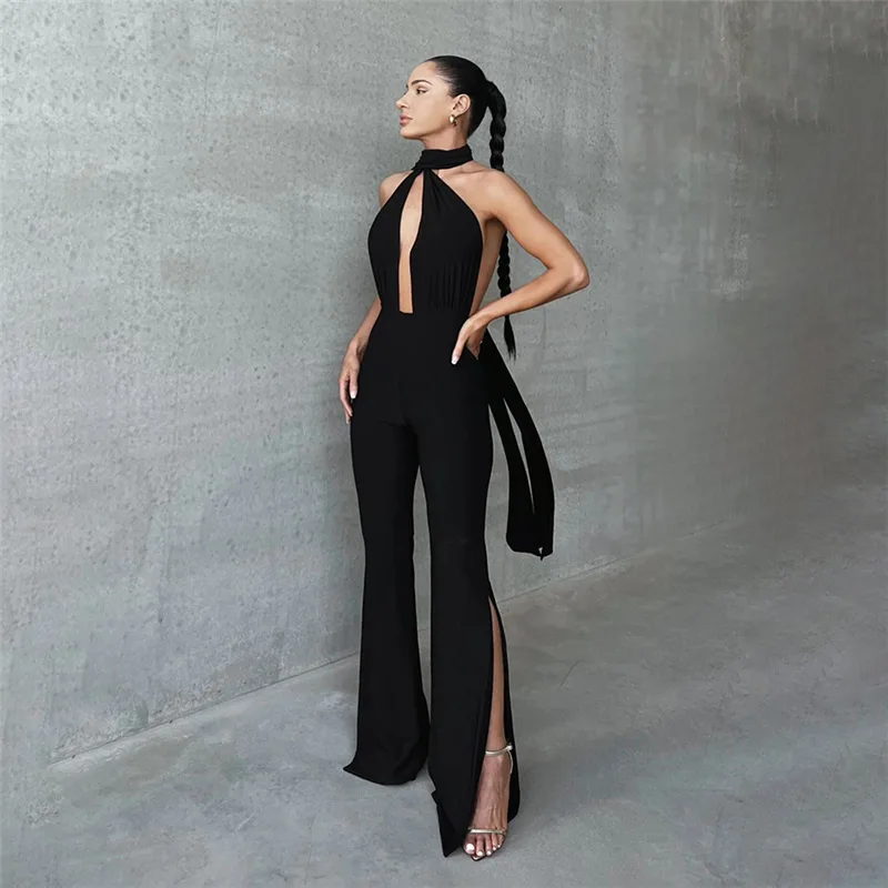 Ootddress Lace Up Backless Jump Suits For Women Sexy Slim Bodycon One Piece Jusmpuit Femme Side Split Hollow Out Jumpsuits Ladies
