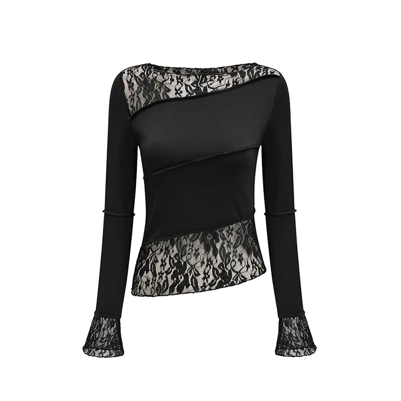 Ootddress Lace Patchwork See-Through Crop top For Women Fashion Sexy Long Sleeve Slim Patchwork Cropped Y2k Top Female Clothes Tee
