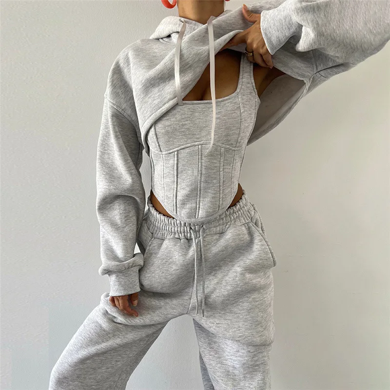 Ootddress Lace Up Pants Sets Women Slim Solid Splice Tank Tops Woman Long Sleeve Short Hoodies And Pant Suits Women Outfits Winter