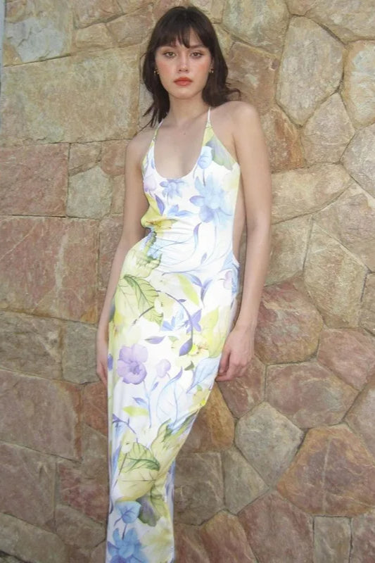 Floral Print Spaghetti Strap Side Cutout Backless Maxi Dress