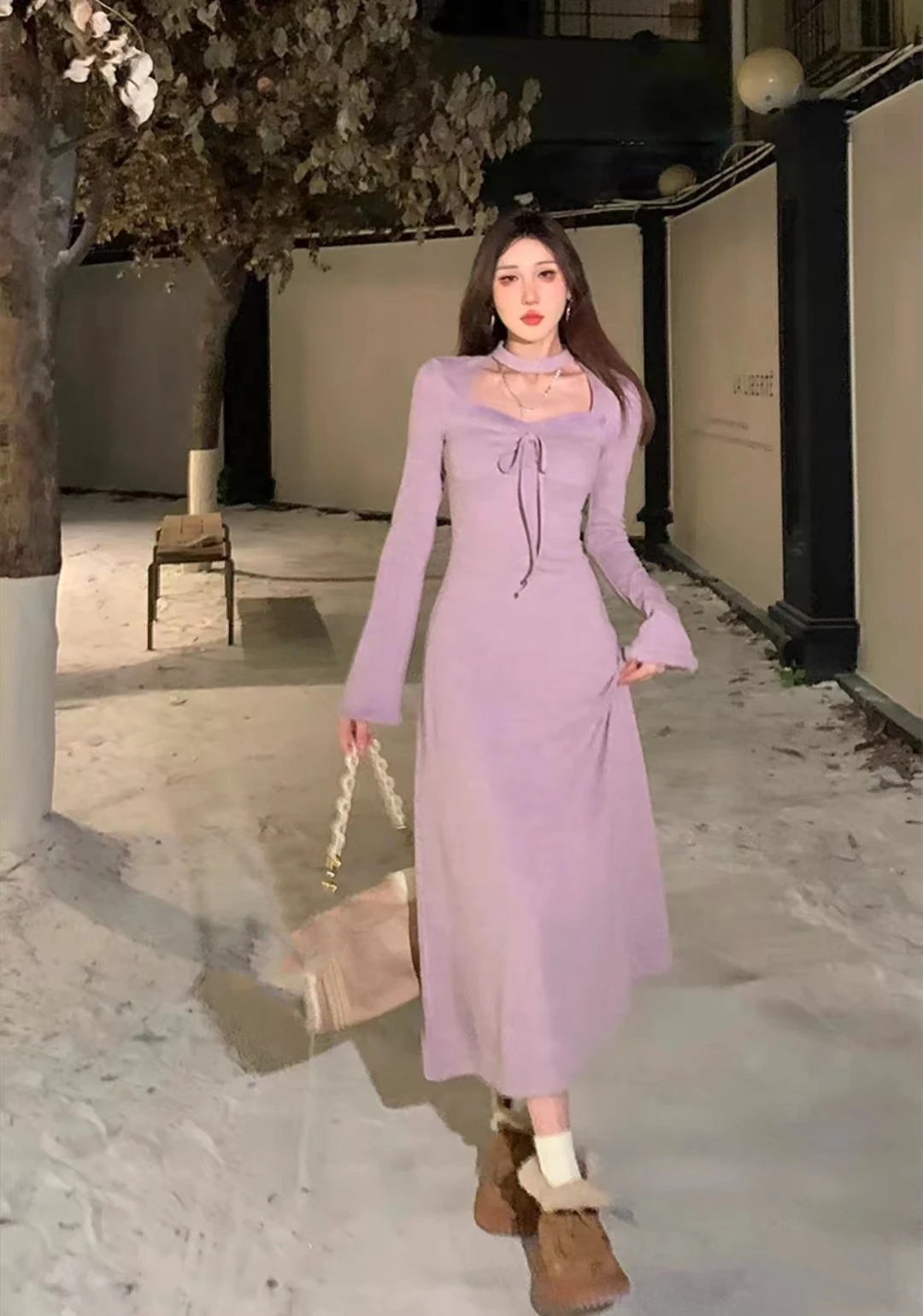Autumn Winter Solid Knitted Dress Women Faux Fur Patchwork Halter Square Collar Long Sleeves Lace Up Slim French Vintage Vestido 10 Autumn Winter Solid Knitted Dress Women Faux Fur Patchwork Halter Square Collar Long Sleeves Lace Up Slim French Vintage Vestido