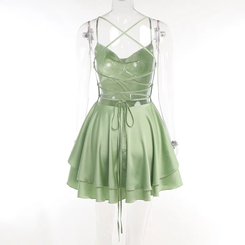 Ootddress Satin Spaghetti Strap Mini Dress For Women Robe New Sleeveless Backless Lace-up Short Dress Female Sexy Party Vestidos