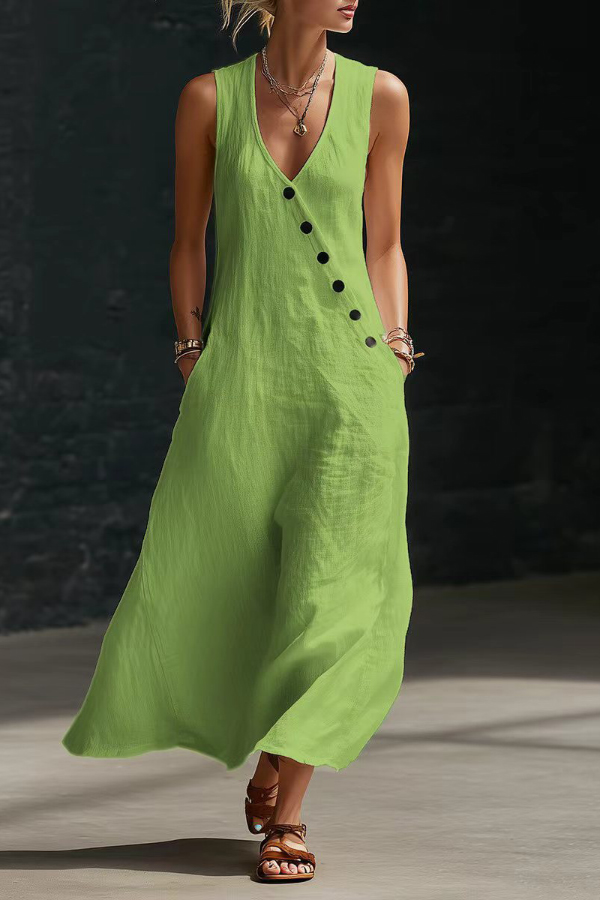 Linen Blend Solid Color V-neck Sleeveless Button-down Casual Pocket Midi Dress