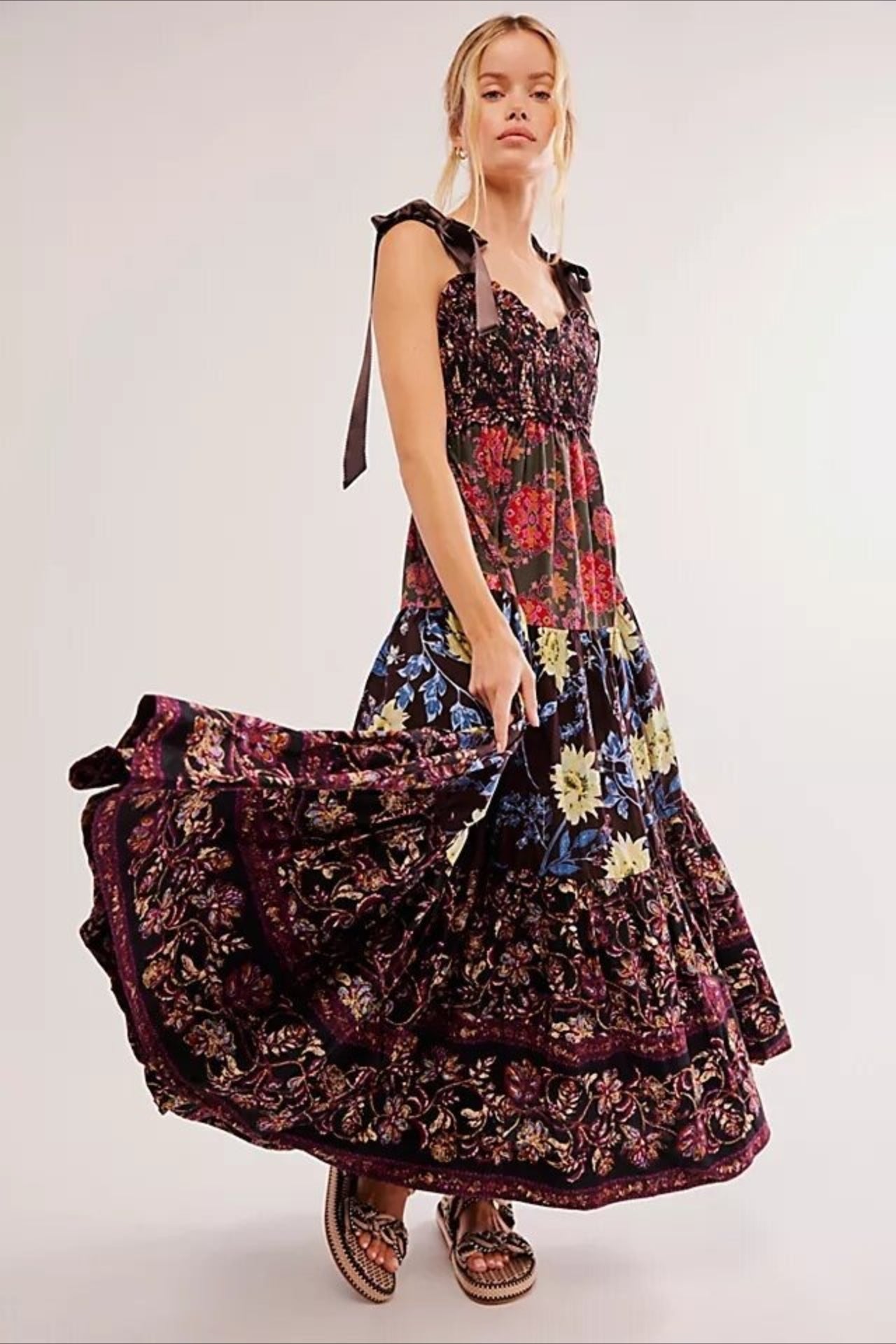 Smocked V Neck Bow Shoulder Strap Mixed Floral Tiered Maxi Dress