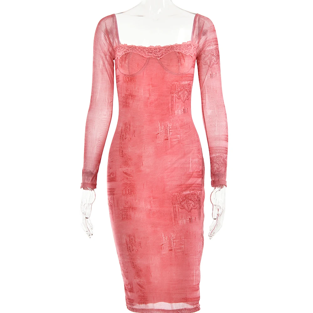 Ootddress-Long Sleeve Printed Dress for Women, Bodycon Lace Midi Dress, Elegant Party Evening Dress, Square Neck, Autumn,