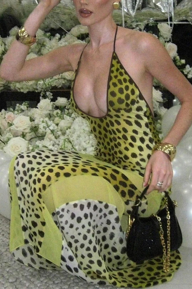Cross Halter Keyhole Spot Print Bodycon Maxi Dress