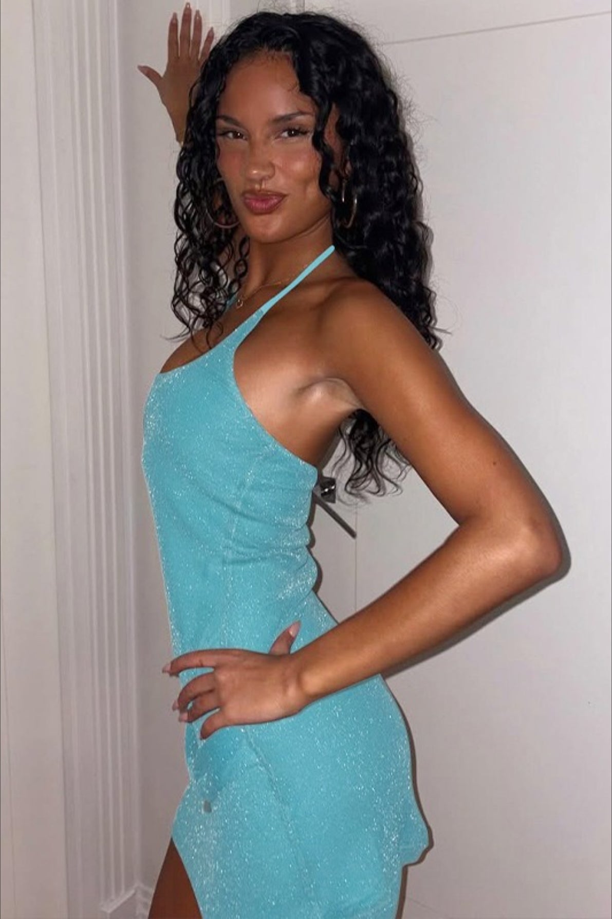 Halter Scoop Neck Belted Glitter Knit Bodycon Mini Dress
