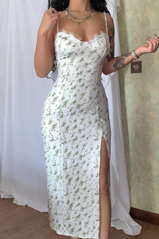 Spaghetti Strap Sweetheart Lace Trim Corset Bodice High Slit Midi Dress