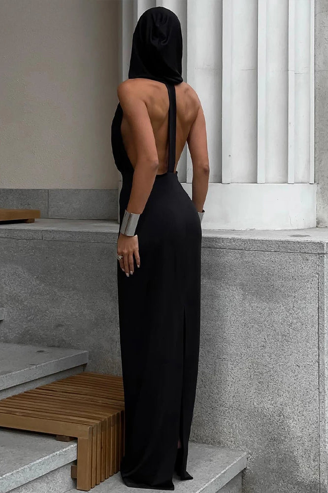Hooded Plunging V-Neck Sleeveless Halter Bodycon Maxi Dress