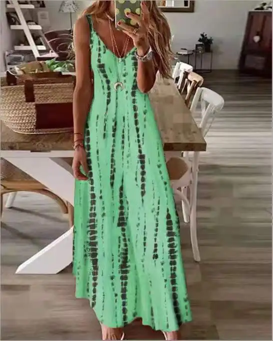 Casual Printed Maxi Spaghetti Strap Dresses For Women V-neck Backless A-line Long Dress Fashion Bohemian Style Beach Vestidos 17 undefined