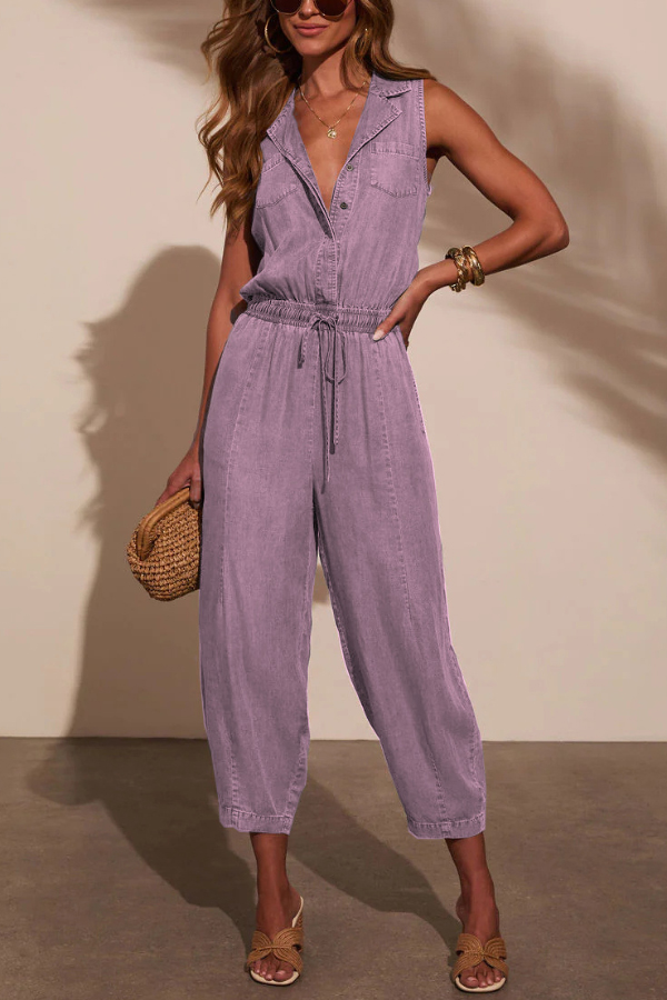 Stylish Collared Sleeveless Elastic Waist Tie Casual Pocket Denim Jumpsuit
