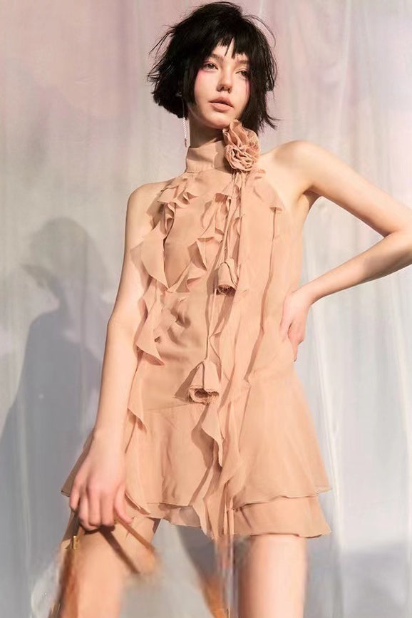 Asymmetric Rosette Applique Halter Mini Dress